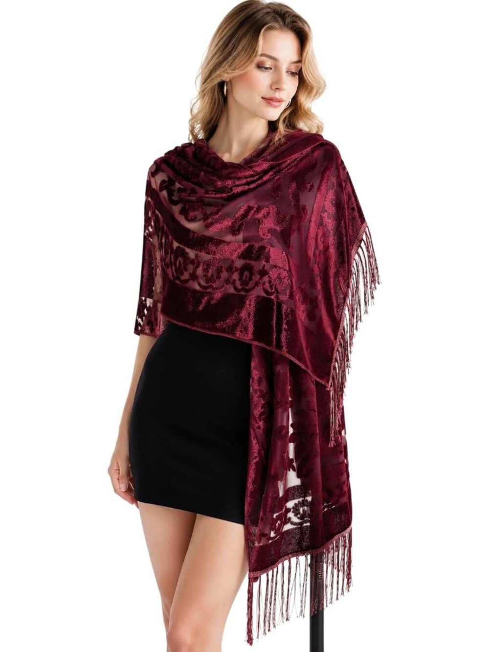 Lightweight Sheer Floral Lace Shawl Wrap with Tassels for Evening Dresses